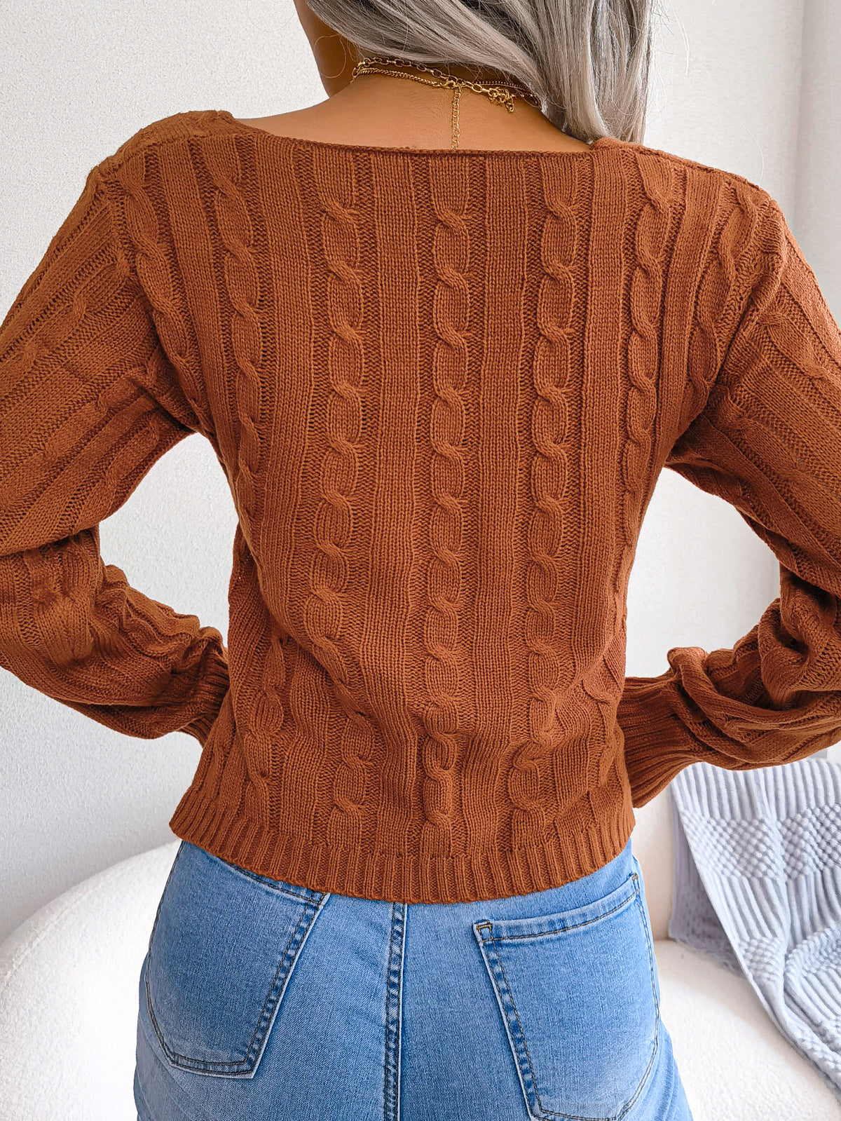 Women Sexy Cross V-neck Cable Knit Long Sleeve Cropped Sweater