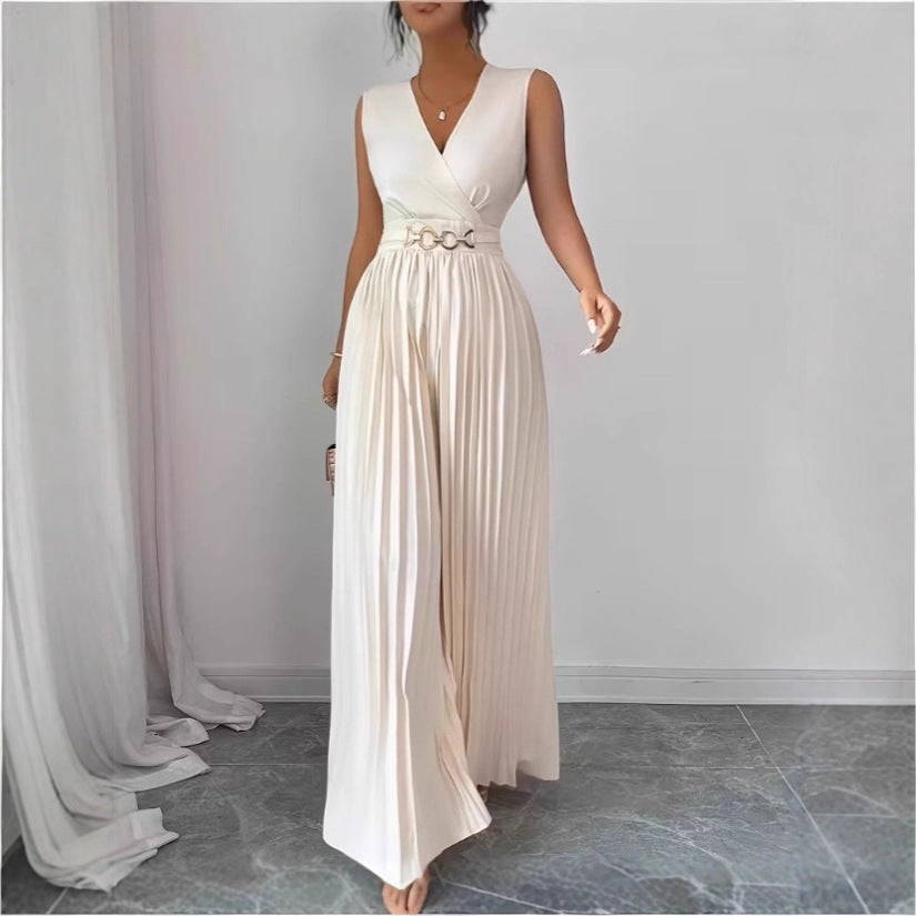 French-style Blazer-collar Jumpsuit Chic Solid-color V-neck
