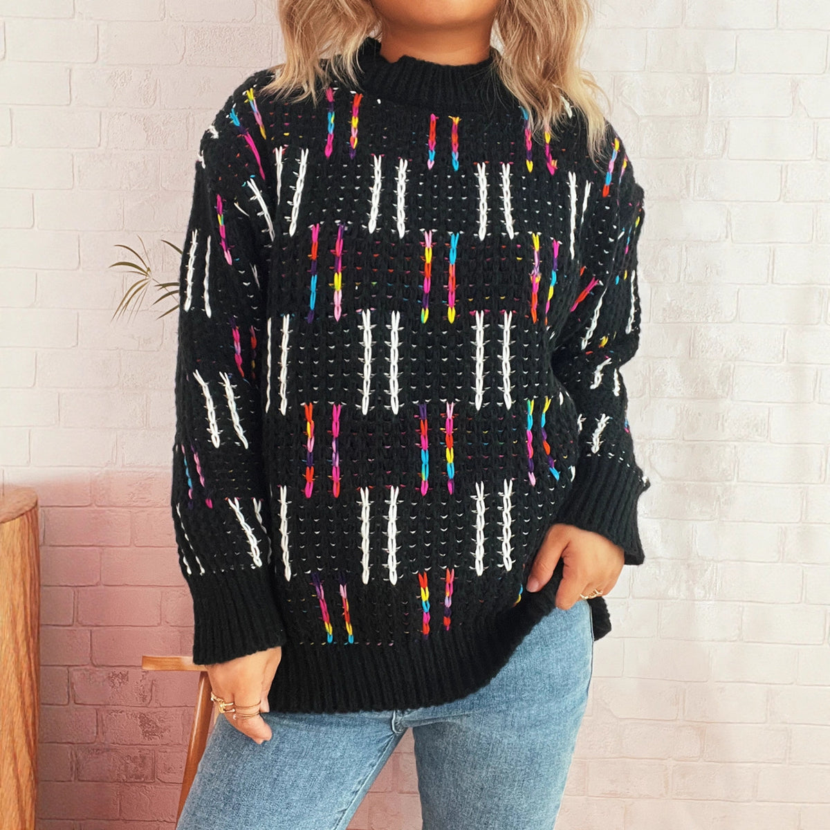 Contrast Color Cute Style Knitted Pullover Sweater for Women