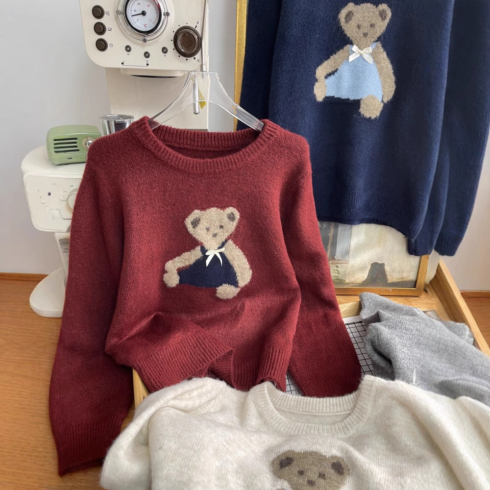 Japanese Bear Bow Cute Embroidery Autumn Winter Soft and Comfortable Sweater