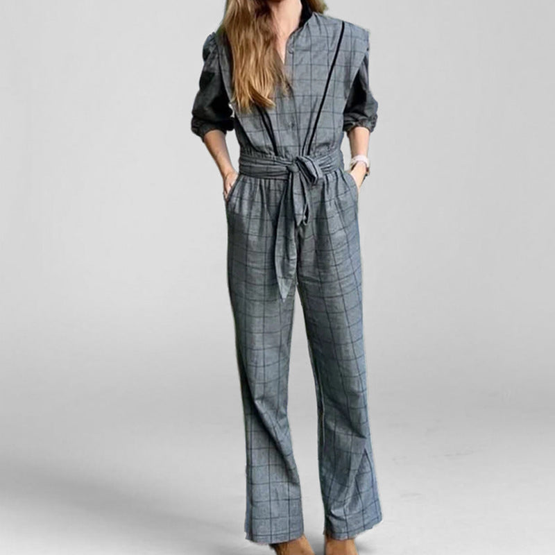 Retro Plaid Lace-Up Jumpsuit for Elegant Commuting