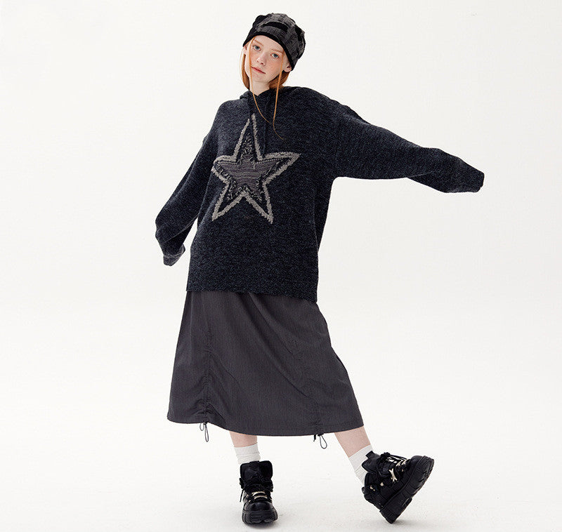 Star Jacquard Oversized Hooded Knit Sweater