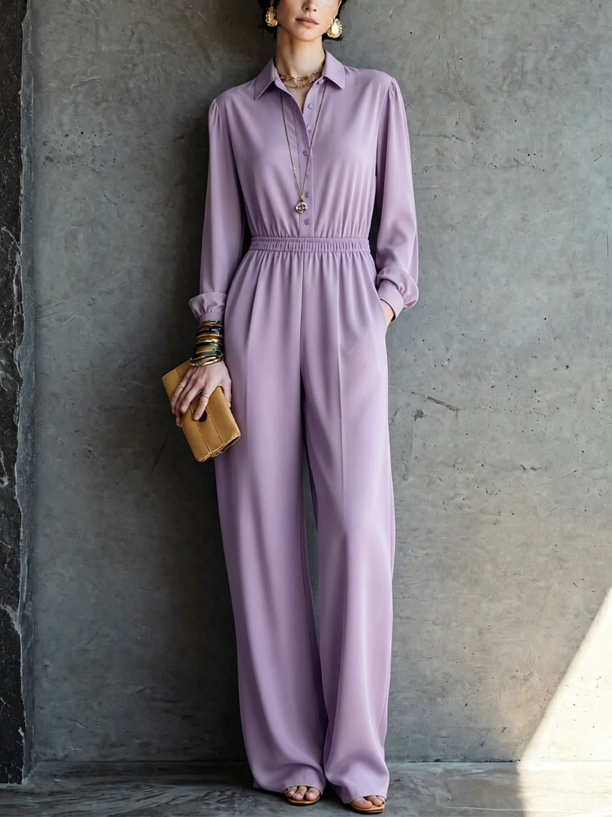 Casual Solid Color Pocket Long Sleeve Jumpsuit