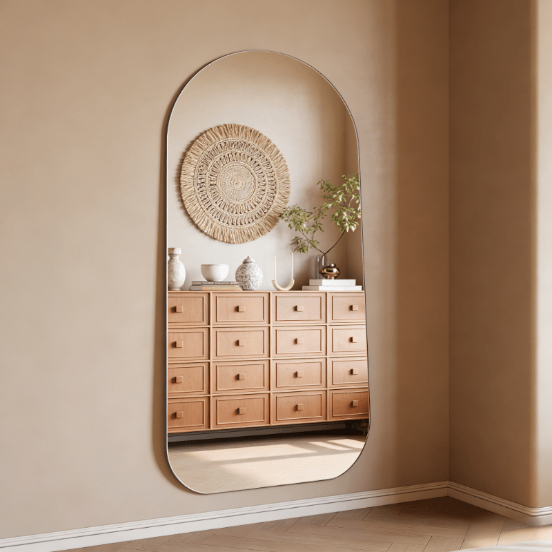 Minimalist oval acrylic frameless wall mirror for entryways and spaces