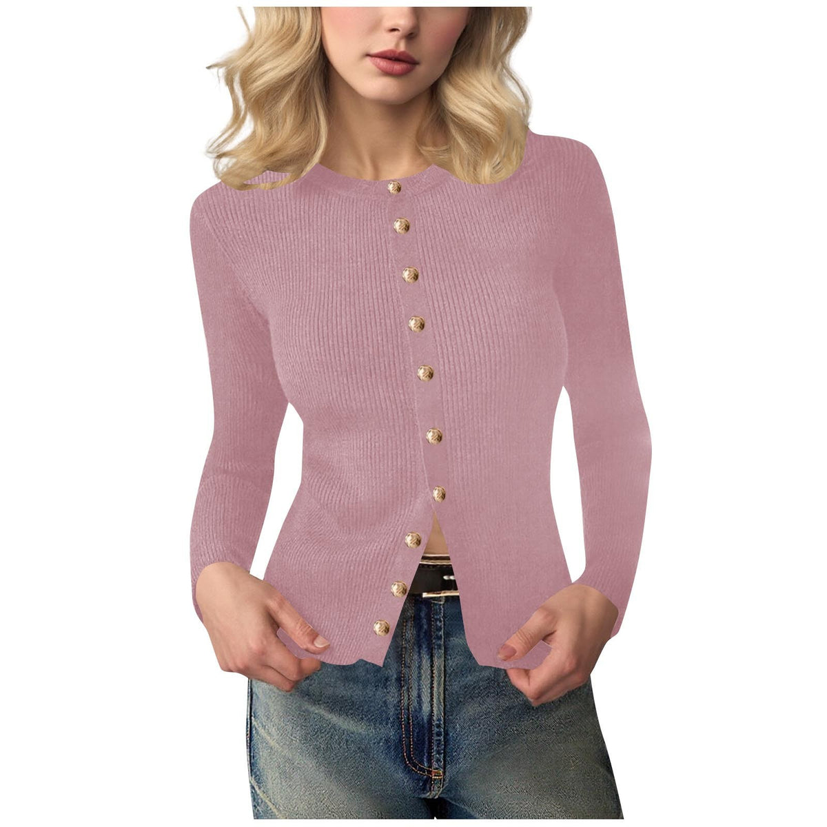 European and American Cross-border New Women's Slim-fit Right Shoulder Long-sleeved Ribbed Jacket Button Round Neck Fashionable Versatile Top