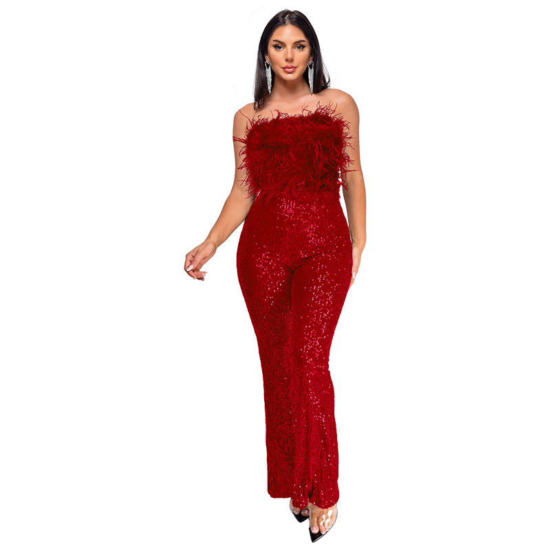 Women's Sequin Backless Sleeveless Party Jumpsuit