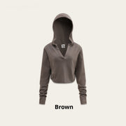 Retro Distressed Hooded V‑Neck Long‑Sleeve Top – Loose Fit, Soft Cotton