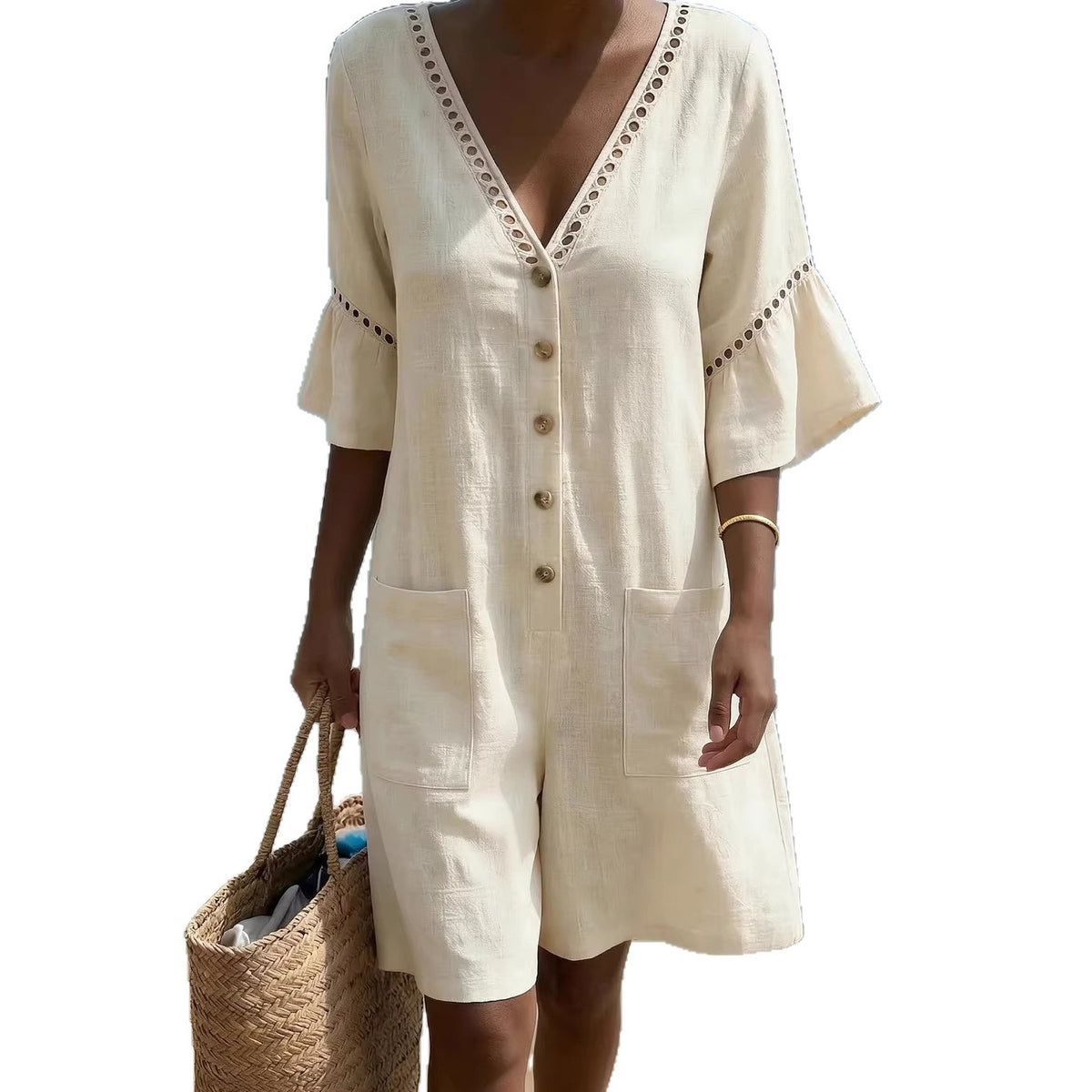 Lace-Trimmed V-Neck Casual Jumpsuit