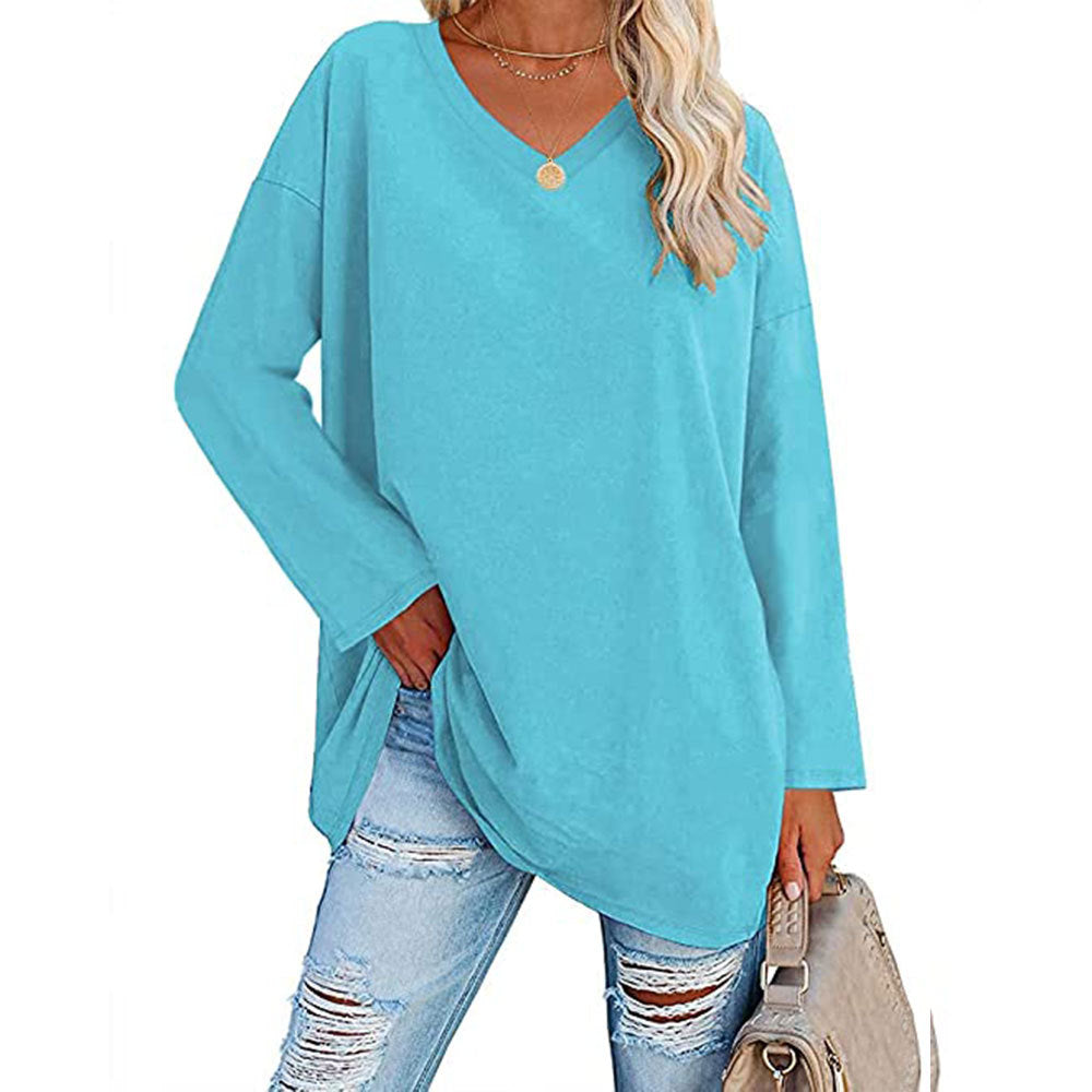 Oversized V-Neck Drop-Shoulder Casual Cotton T-Shirt