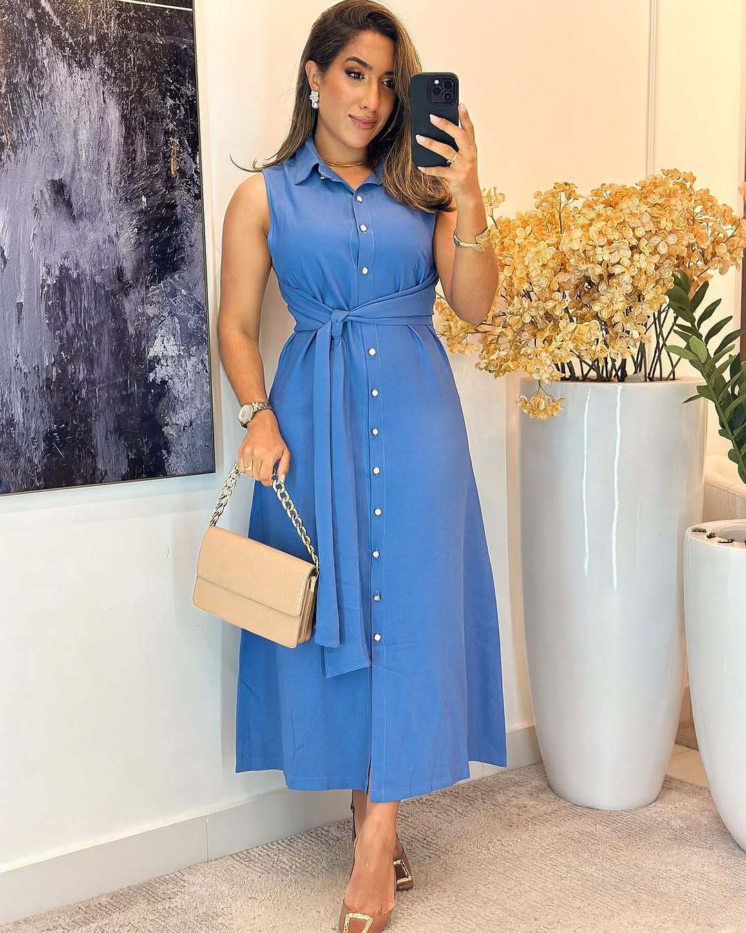 Fashionable Sleeveless Waist-cinching Shirt Dress for Women