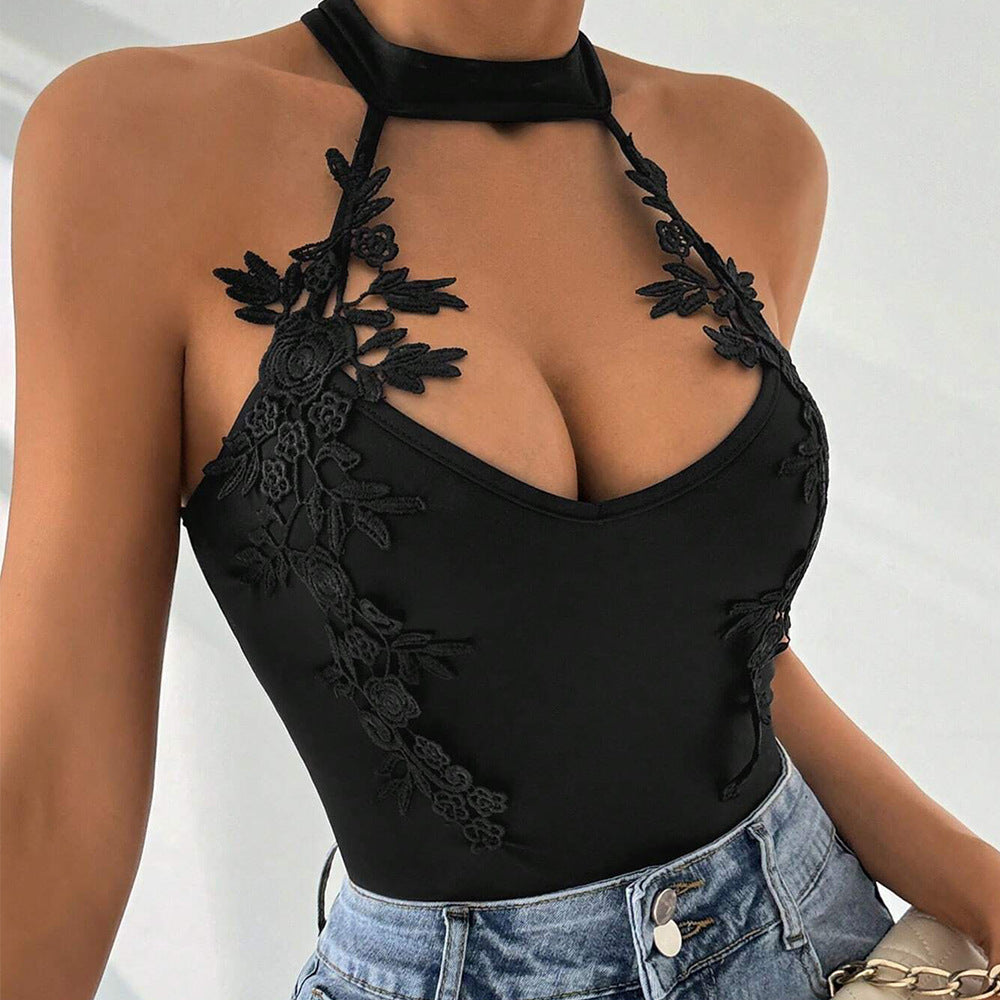 Chic Lace Jacquard High-Waisted Sleeveless Jumpsuit