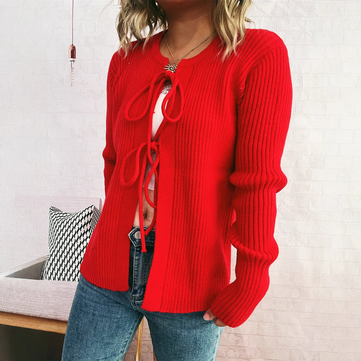 Commute Slim-fit Sunken Stripe Vertical Striped Bow Sweater