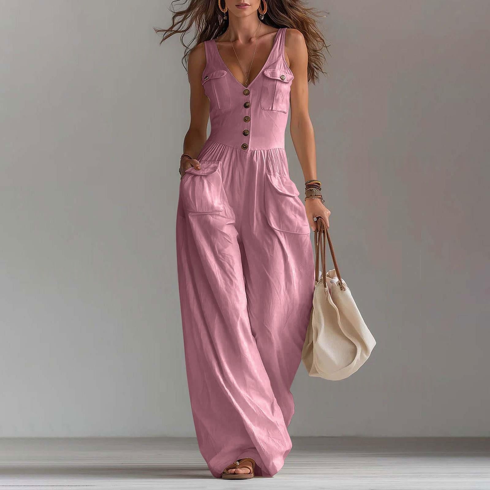 Casual Sleeveless Wide-Leg Jumpsuit with Pockets