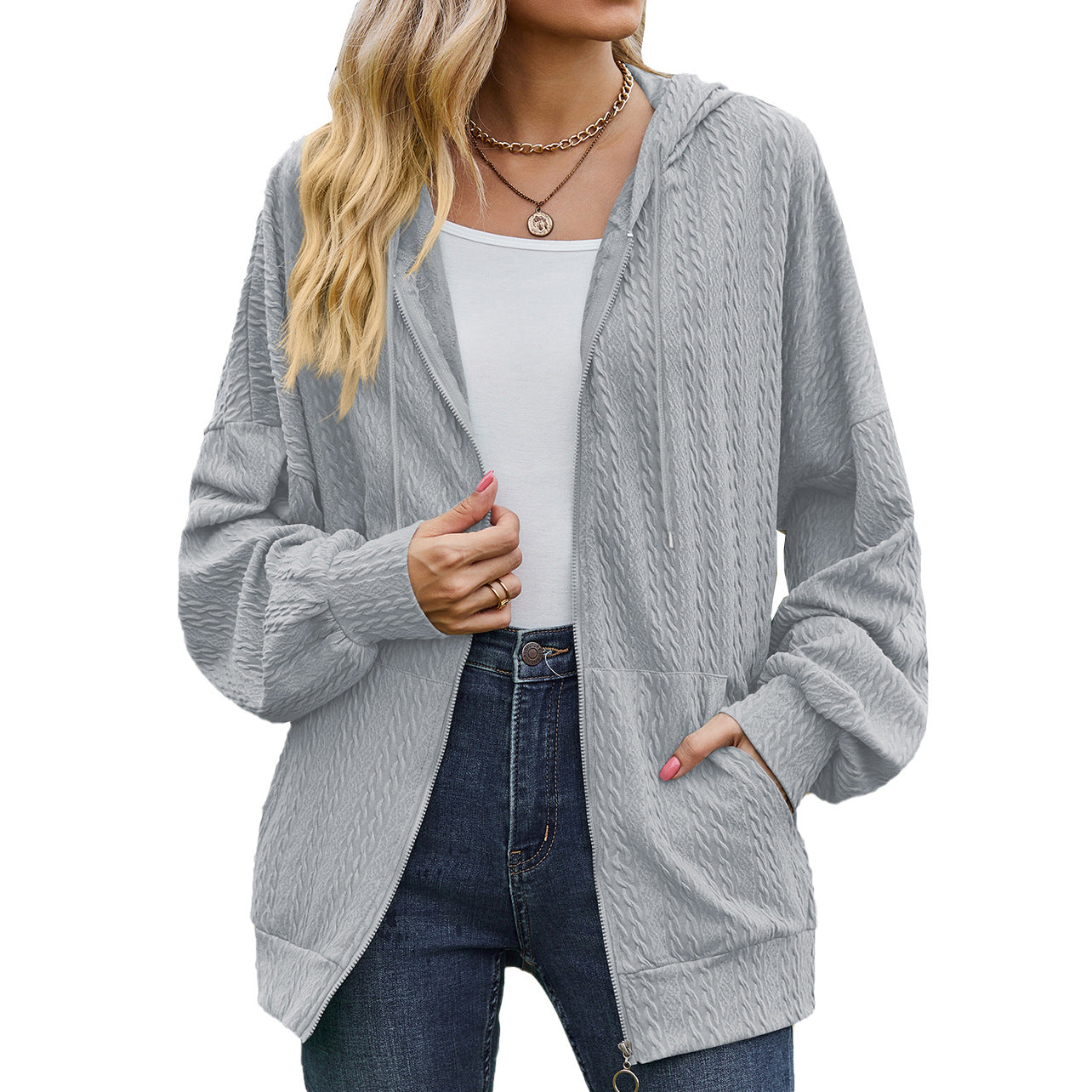 Women's V-Neck Zip-Up Loose Casual Sweater Coat