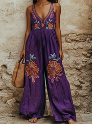Embroidered V-Neck Halter Wide-Leg Jumpsuit