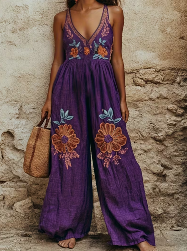 Embroidered V-Neck Halter Wide-Leg Jumpsuit