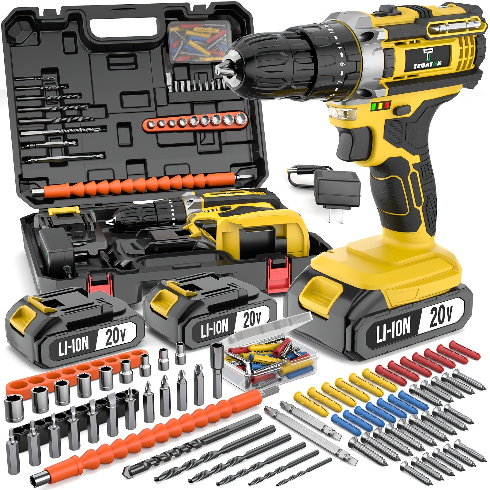 20V Cordless Drill Set – 30/88/136/148 Piece Toolbox Including Battery, Charger, Drill, Pliers, Bits – Ideal for Construction and Home Improvement