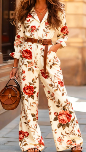 Waist-Cinched Wide-Leg Long-Sleeve Jumpsuit Set
