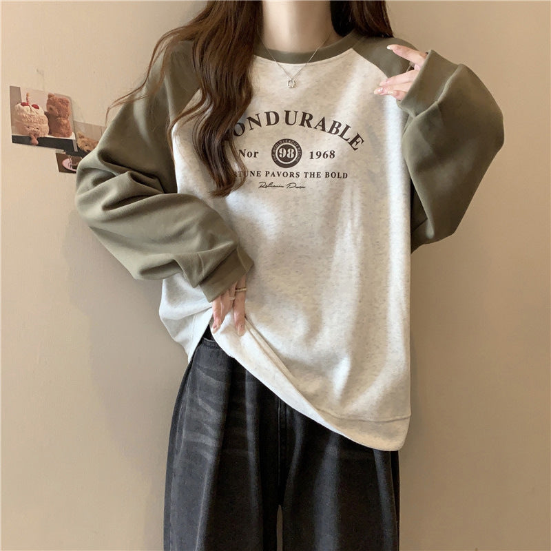 Cozy Contrast Color Raglan Hooded Sweatshirt
