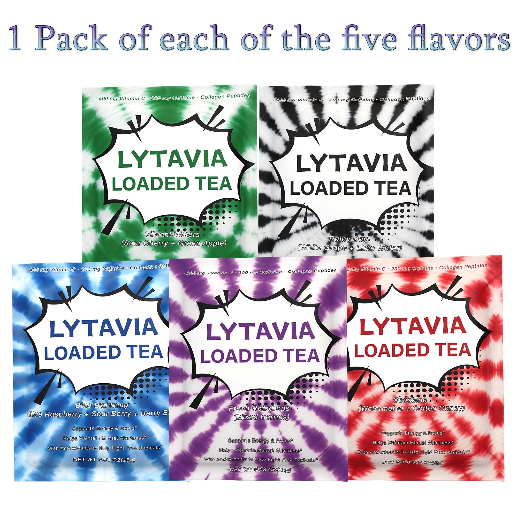 Loaded Waters-Lytavia Loaded Waters POWDERED BEVERAGE- 200mg Caffeine-Contains Collagen Peptides-3 Grams Of Protein- Sugar Free & Gluten Free - Energy Boost Drink Mix 0.53oz(15g)*5 Packs (Sour Cherry+Green Apple, Mixed Berries, White Grape+Lime Water