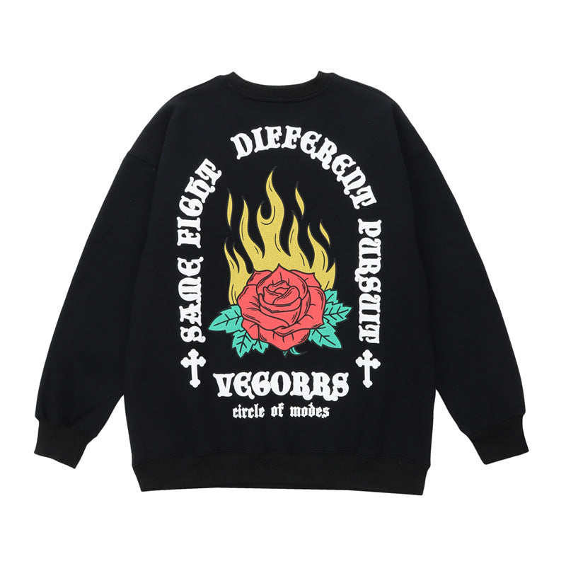 Plus Fleece Flame Rose Hoodie - Cozy Thermal Sweatshirt