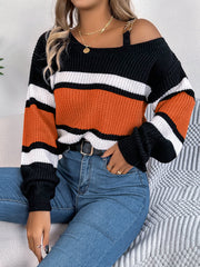 Casual Color Block Striped Lantern Sleeve Metal Button Off-shoulder Pullover Sweater