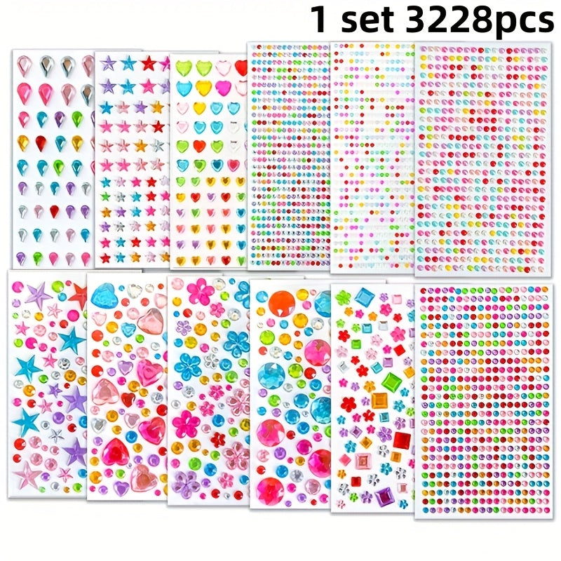 3228-Piece Self‑Adhesive Gem Sticker Set – 12 Sheets of Sparkling Jewelry Stickers for DIY Crafts, Nail Art, Phone Cases and More