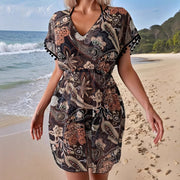 Fashionable Short-sleeve V-neck Dress with an Elastic Waist