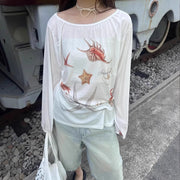 Starfish Printed Wide Collar Off-the-shoulder Sun Protection Long Sleeve T-shirt Women