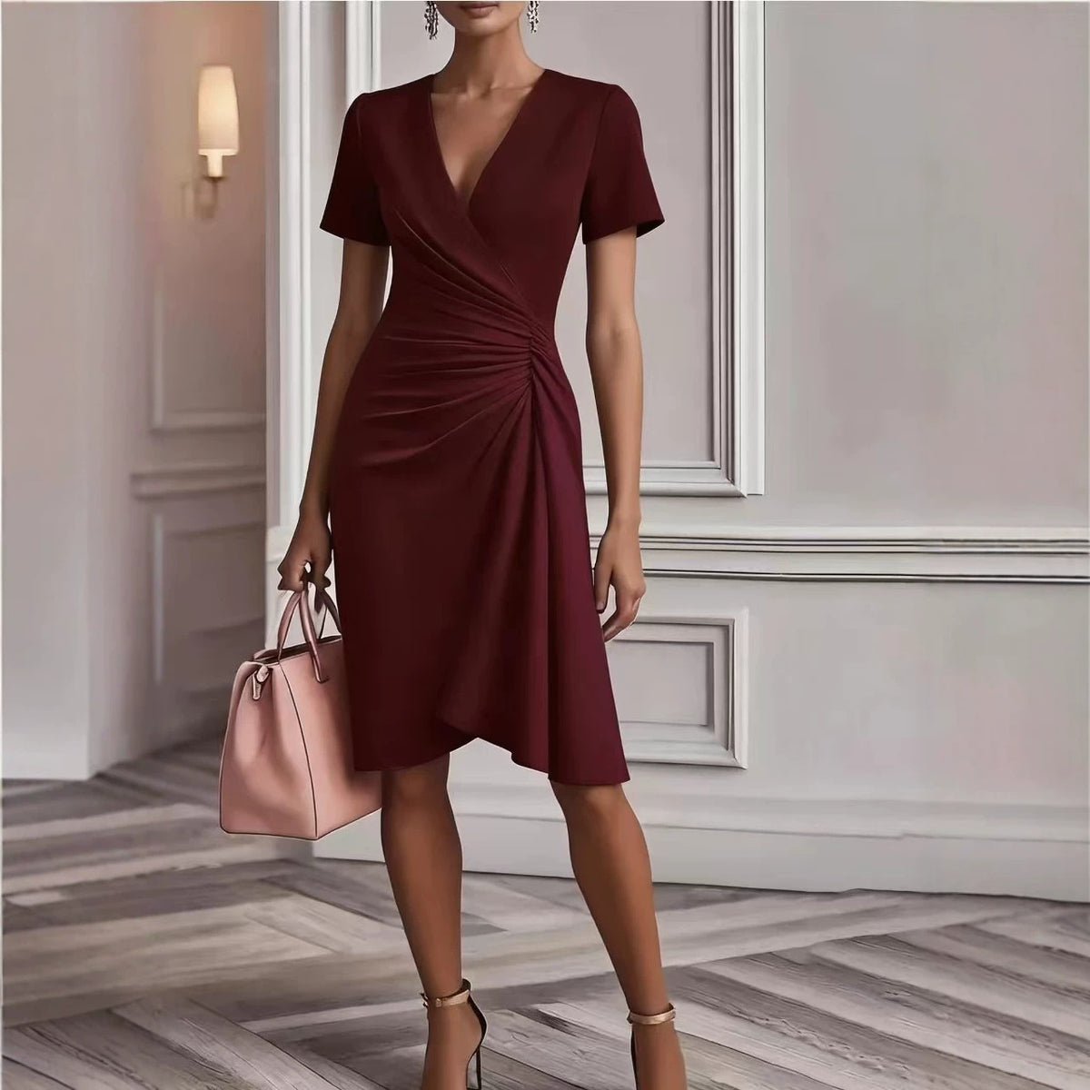 Slimming and Slimming Solid Color Hip Hugging Skirt Short Sleeved Dress