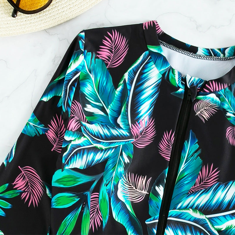 Floral Long Sleeve One-Piece Conservative Swimsuit