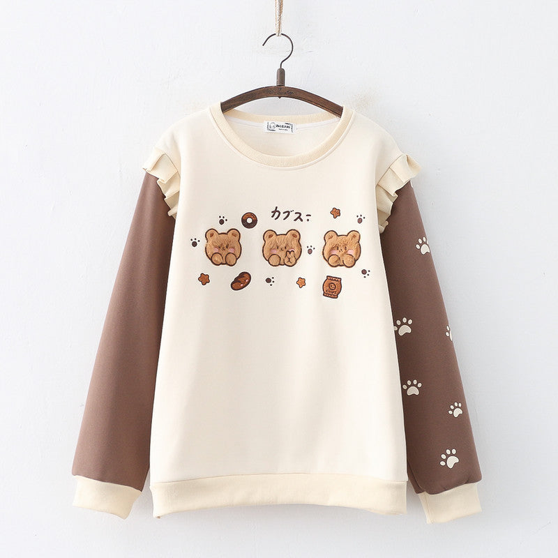 Cute Bear Embroidered Fleece-Lined Thick Pullover Sweater