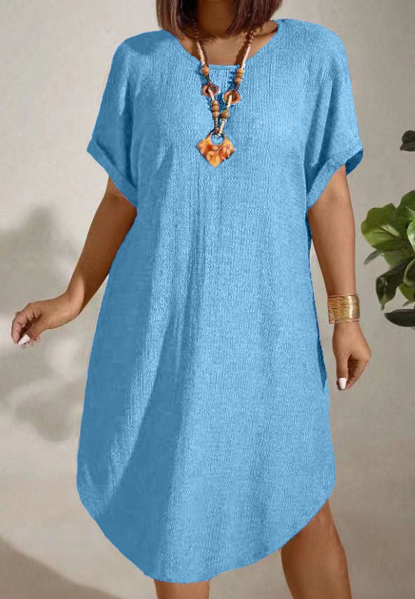 Womens Solid-color Loose-fitting Casual Round-neck Dress