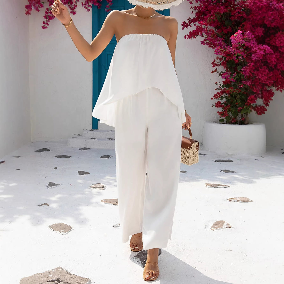 Chic Asymmetrical Tube Top Jumpsuit with Flared Skirt