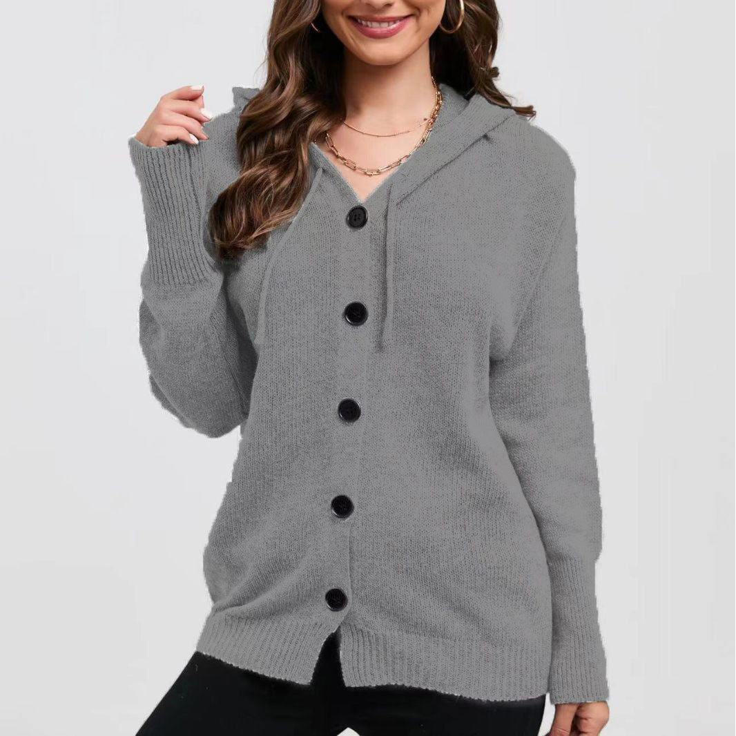 Women's Solid Color Hooded Single-breasted Sweater