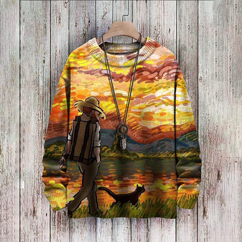 Women's Abstract Print Drop-Shoulder Casual Pullover Sweater