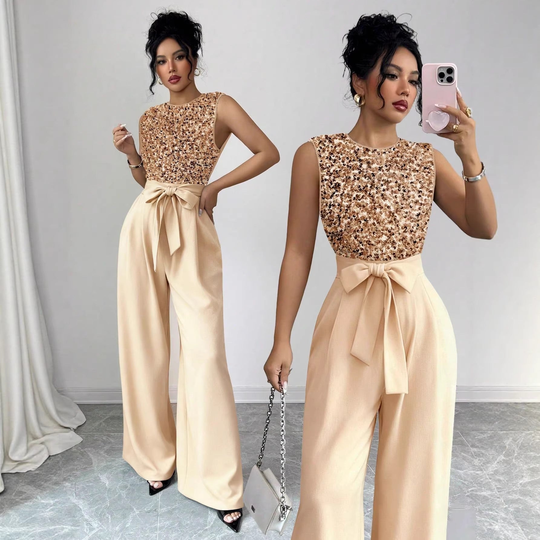 Elegant Sequin V-Neck Wide-Leg Jumpsuit