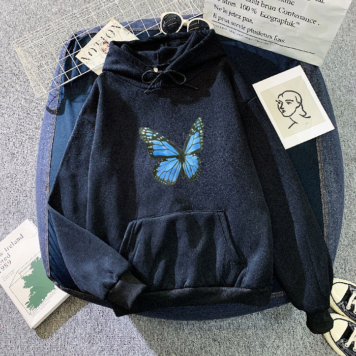 Cozy Fleece-Lined Butterfly Print Pullover Hoodie
