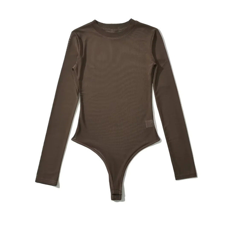 Sheer Mesh Long Sleeve Round Neck Jumpsuit