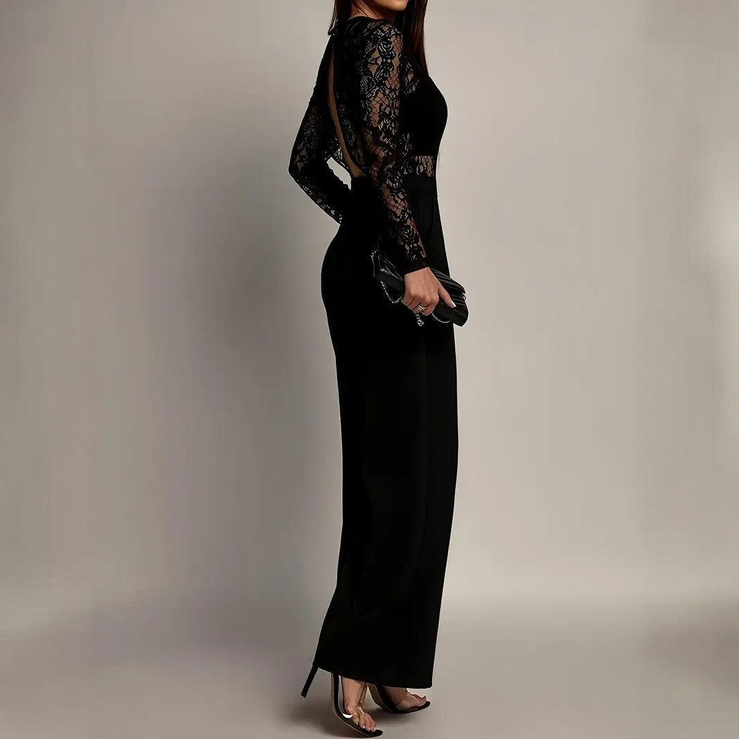 Womens Lace-Panel Long-Sleeve Wide-Leg Jumpsuit