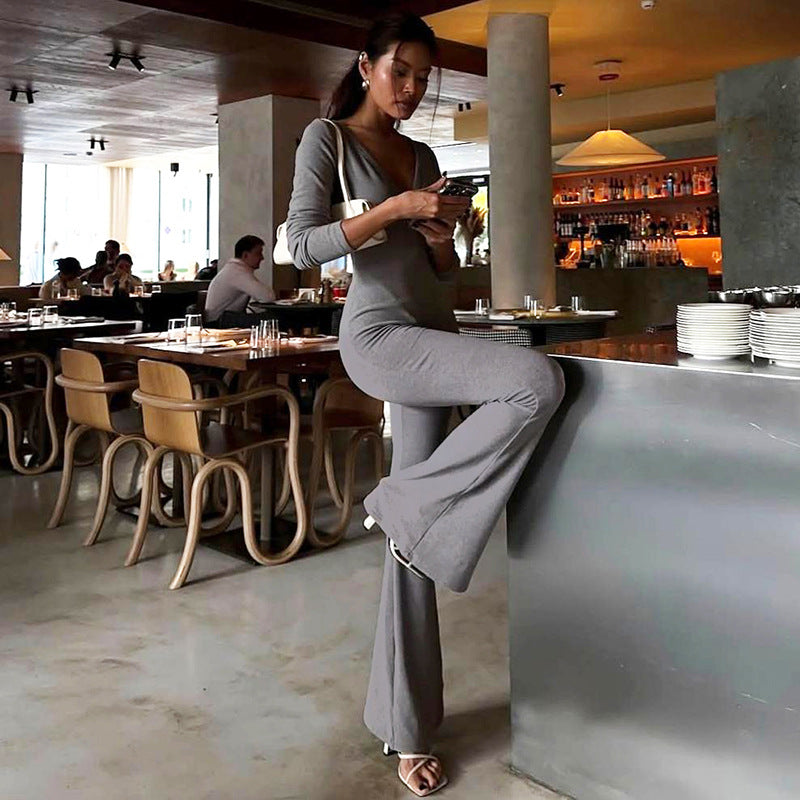 High-Waist Flared Long-Sleeve V-Neck Jumpsuit