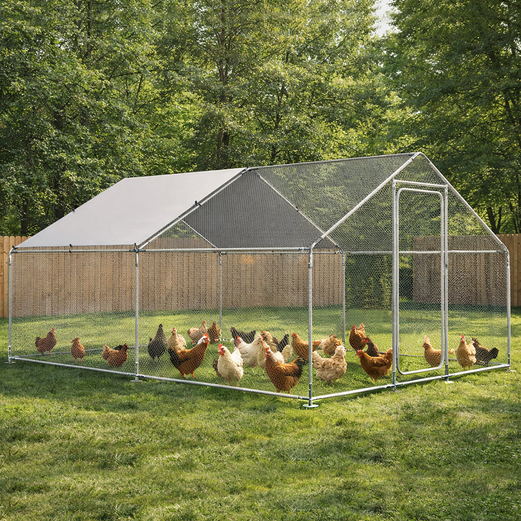 Large Walk-In Metal Chicken Coop with Roof, Roosting Perch, Lockable Door and Outdoor Run