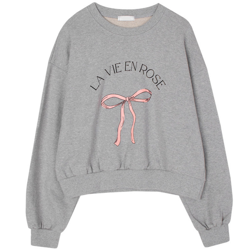 Chic Bowknot Print Loose Cotton Sweatshirt for Women