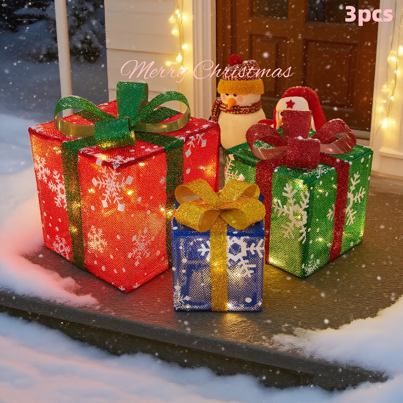 3pcs Lighted Christmas Gift Box Set with Warm LED Lights & Snowy Ribbon Bows