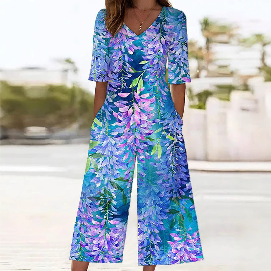 Womens Plus-Size Elegant Printed Sleeveless Jumpsuit