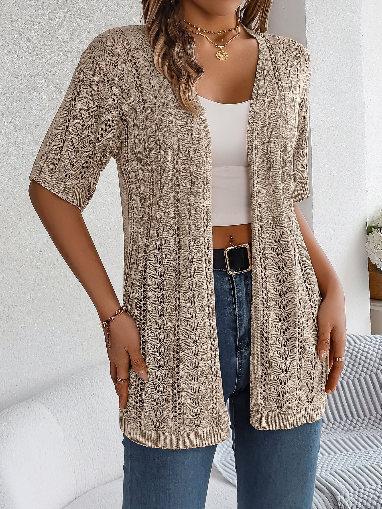 Women's Hollow-Out Short Sleeve Knit Cardigan – UPF30+ Cover