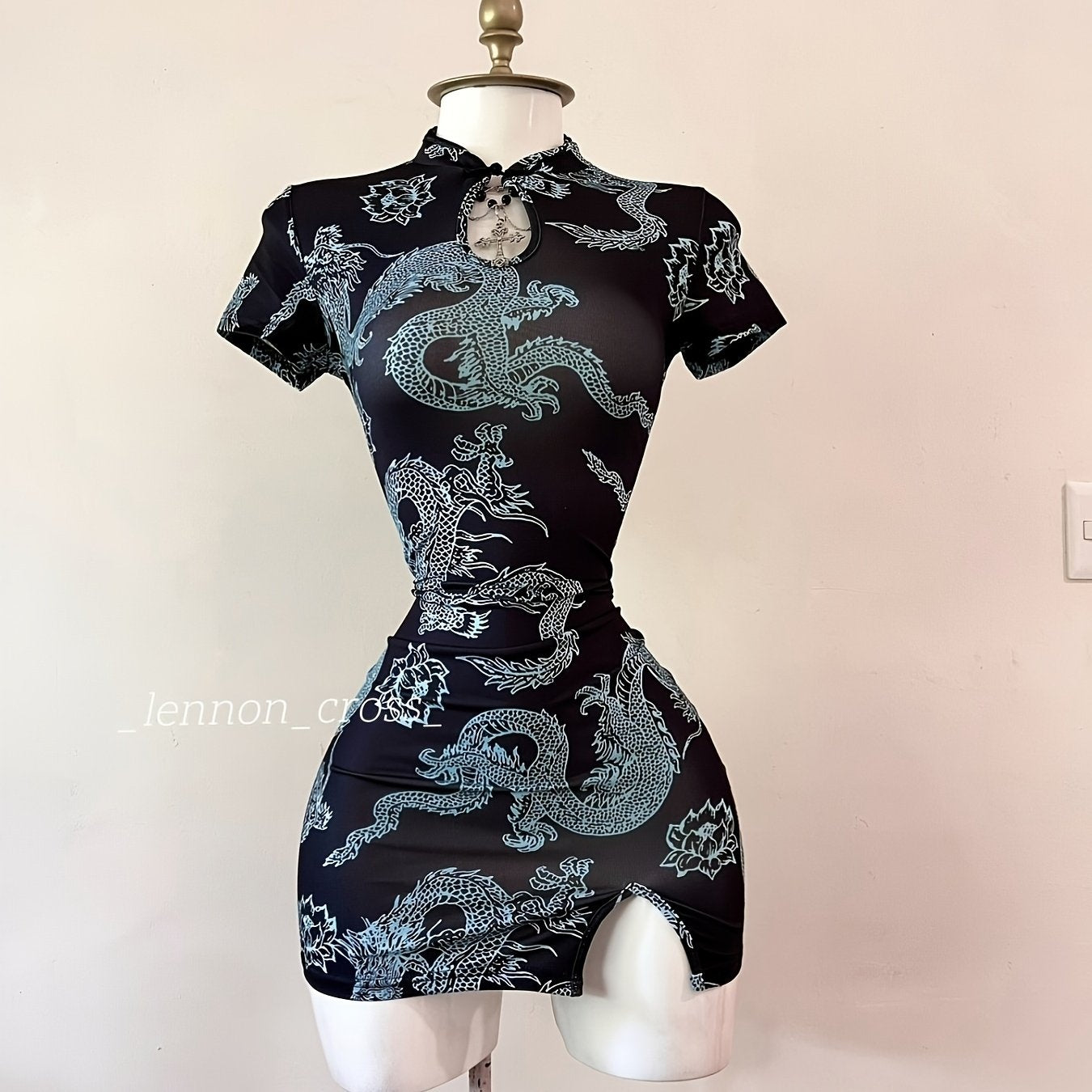 Women’s Dragon-Patterned Short‑Sleeve Bodycon Dress with Slit Wrap Skirt