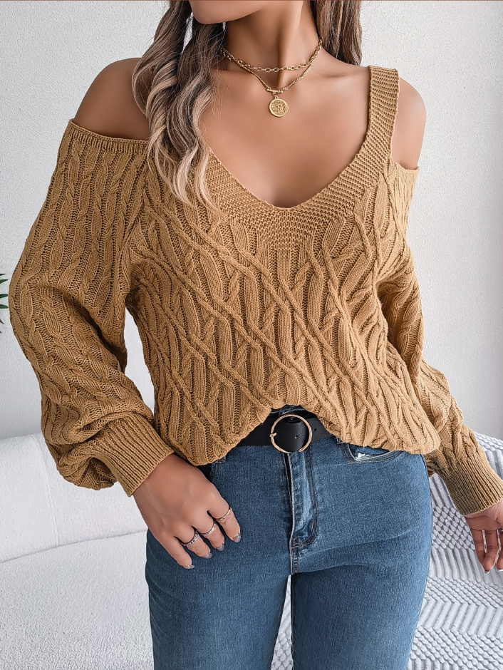 Women Casual Solid Color Cable Knit Off-shoulder Lantern Sleeve Sweater