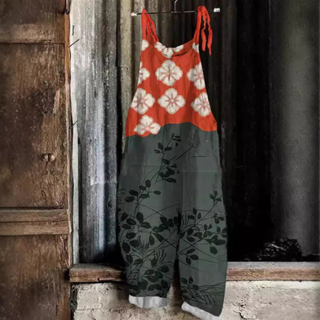 Vintage Sweet Print Loose Suspender Pants for Women