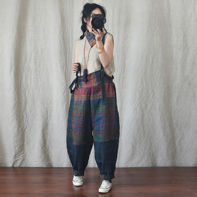 Chic Linen Patchwork Suspender Pants for Women